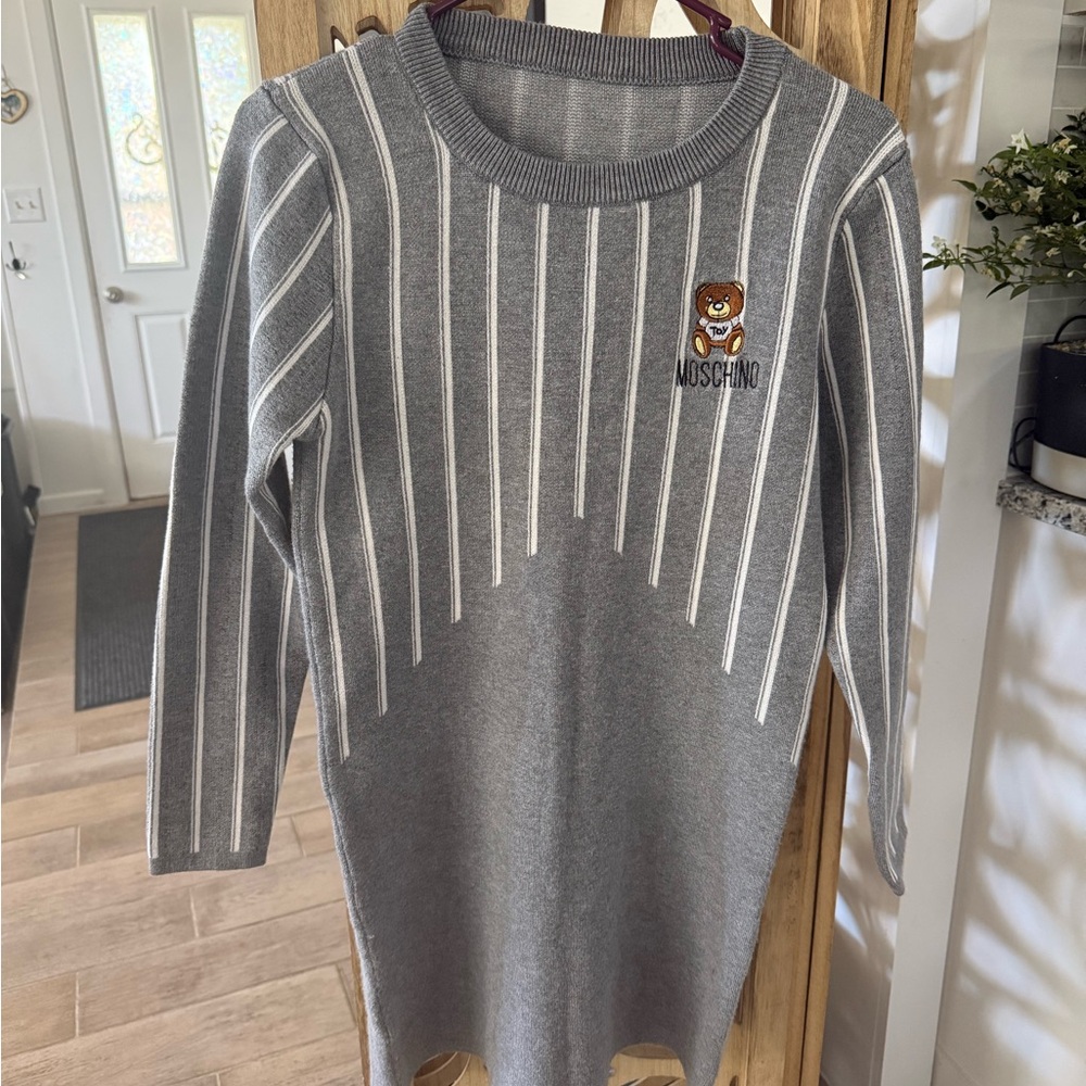 Moschino Gray Striped Knit Dress with Teddy Logo